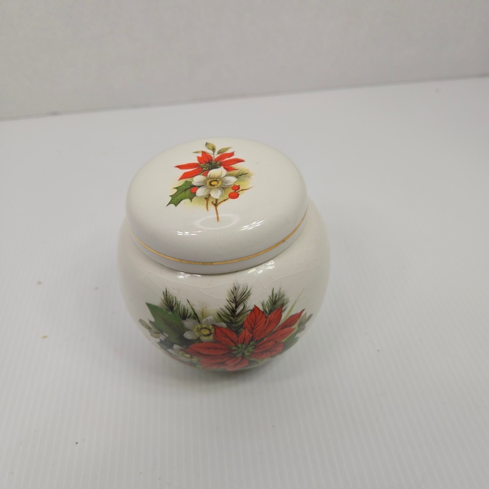 Vintage Christmas Poinsettia Ceramic Ginger Jar Ivory Gold Rim Holiday Decor